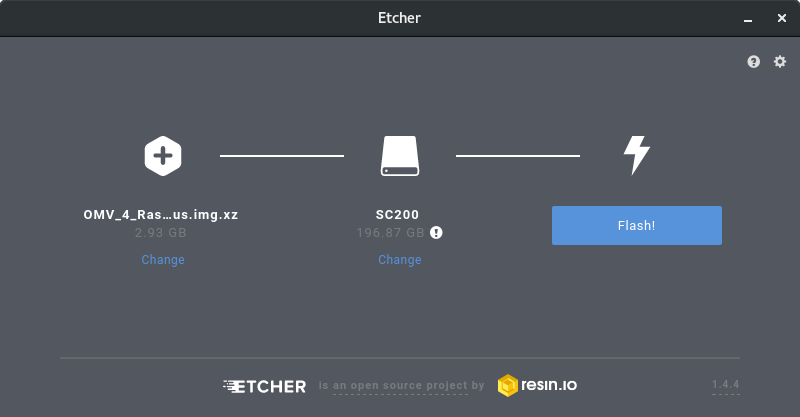 Etcher with an OpenMediaVault image